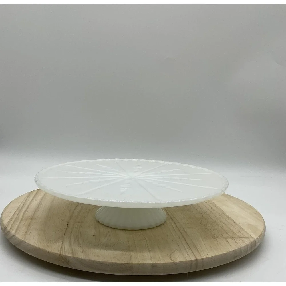 Vintage Milk Glass Cake Stand White 10 Inch Sunburst Scalloped Pedestal‎ Platter